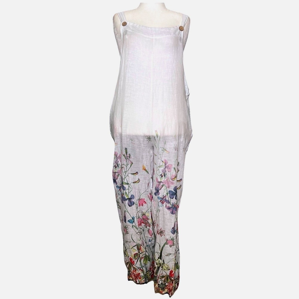 Pure Linen Italian Boho‎ Romantic Floral Jumpsuit Cover M Beach Resort Cruise